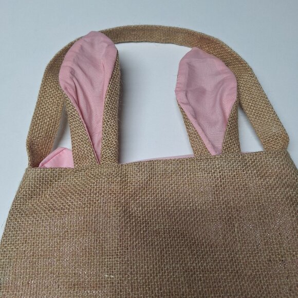 Burlap Bunny Tote Bag Happy Easter Banner Rabbit Spring Pink Ears Party Egg Hunt - Picture 2 of 7